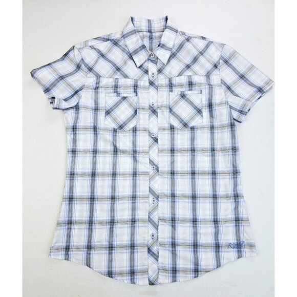 Kuhl Size Medium Women's White Gray Blue Embroidered Logo Polyester S/S Shirt - Picture 6 of 11